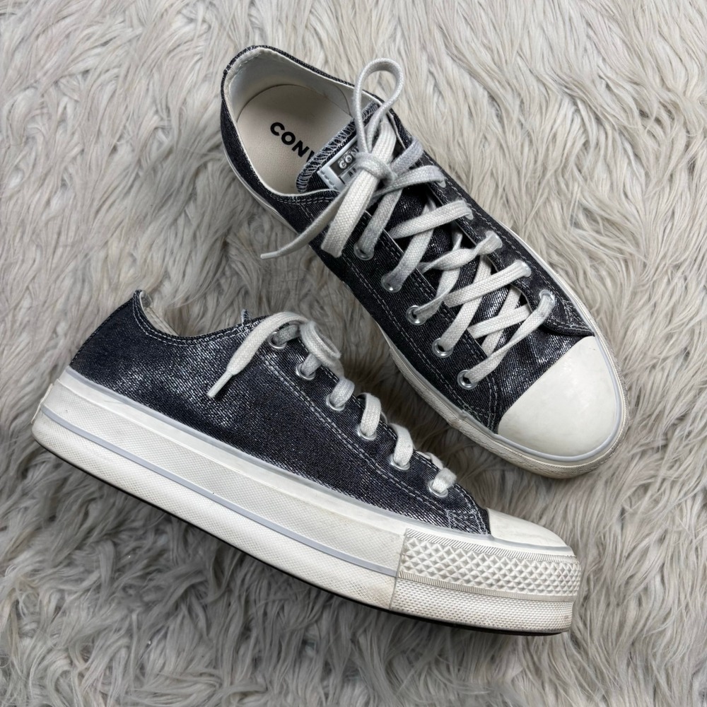 Converse Women's 10 Black Gray Silver Glitter Shimmer Platform Sneakers Dopamine